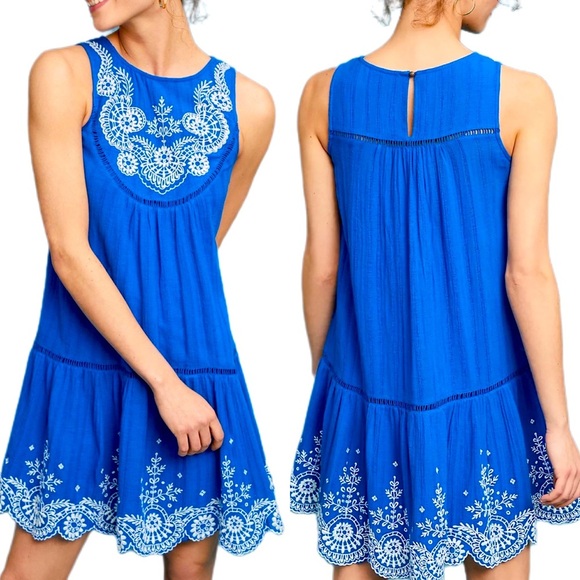 Meadow Rue Anthropologie Wadden Blue Boho Embroidered Sleeveless Tunic Dress 4 - Picture 1 of 8